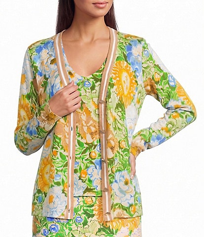 Lilly Pulitzer Cotton-Blend Floral Open V-Neck Long Sleeve Striped Trim Button-Front Cardigan