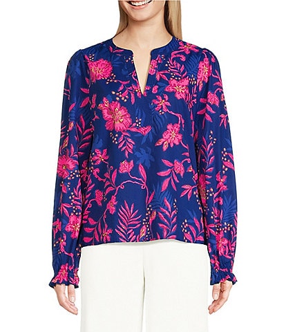 Lilly Pulitzer Coulter Cotton Poplin Floral Print Split V-Neck Long Sleeve Top