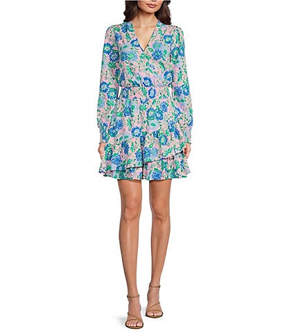Lilly Pulitzer Cristiana Woven Floral Print V-Neck Long Sleeve Smocked Ruffle A-Line Dress