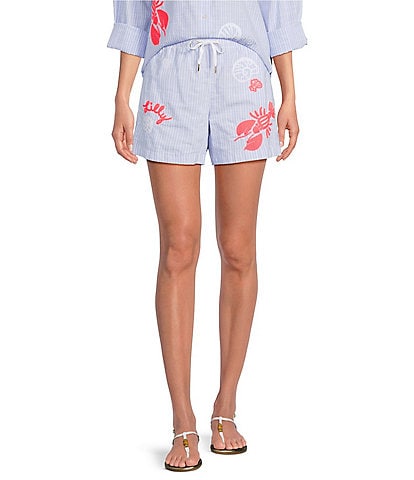 Lilly Pulitzer Croix Jacaranda Blue Brach Day Embroidered Secret Stripe Drawstring Elastic Waist Coordinating Shorts