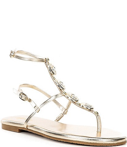 Lilly Pulitzer Dylann Shell Embellished Leather Ankle Strap Flat Thong Sandals