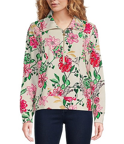 Lilly Pulitzer Eleni Luxe Terry Floral Print Collar Bracelet Sleeve Quarter Zip Top