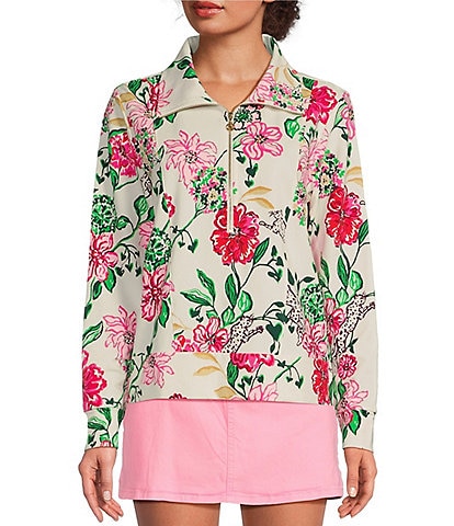Lilly Pulitzer Eleni Luxe Terry Floral Print Collar Bracelet Sleeve Quarter Zip Top