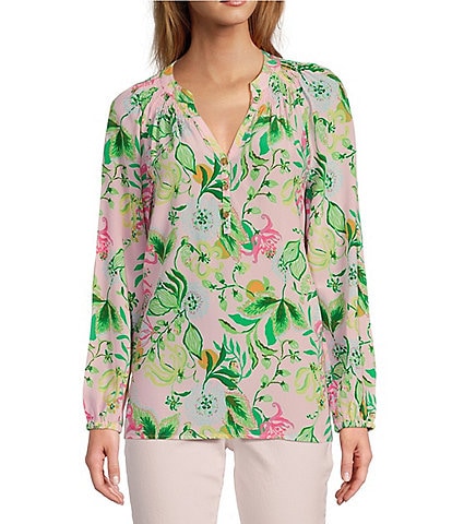 Lilly Pulitzer Elsa Luxurious Silk Floral Print V-Neck Long Sleeve Button Front Detail Smocked Blouse