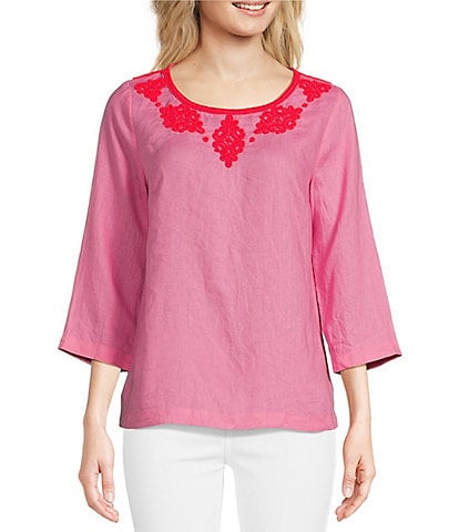 Lilly Pulitzer Elyn Linen Blend Beaded Round Neck 3/4 Sleeve Top
