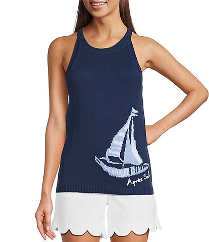 Lilly Pulitzer Emra Knit Apres Sail Jacqaurd Round Halter Neck Sleeveless Tank