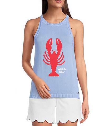Lilly Pulitzer Emra Knit Lobster Jacquard Halter Neck Sleeveless Crochet Trim Tank