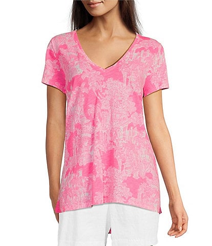 Lilly Pulitzer Etta Knit Anniversary Toile Print V-Neck Short Sleeve Tee