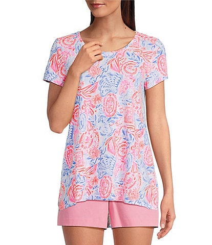 Lilly Pulitzer Etta Lil Sun Sea Sand Floral Print Scoop Neck Short Sleeve Top