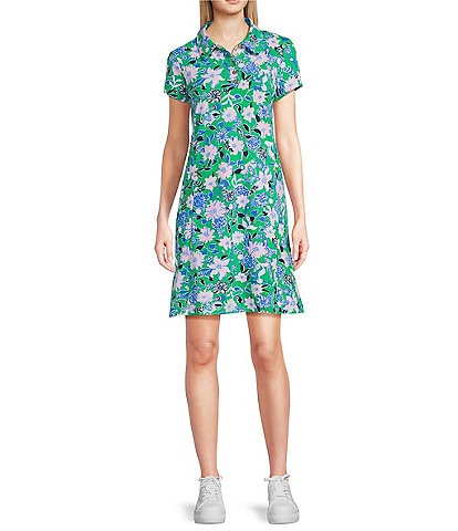 Lilly Pulitzer Frida Luxletic Pique Knit Floral Print Point Collar Short Sleeve Polo Dress