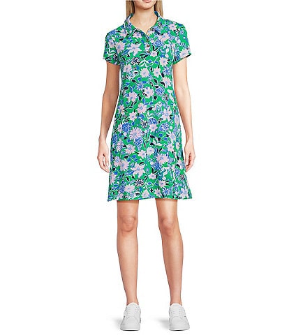 Lilly Pulitzer Frida Luxletic Pique Knit Floral Print Point Collar Short Sleeve Polo Dress