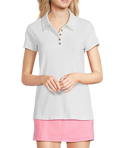 Lilly Pulitzer Frida Point Collar Button Neck Short Sleeve Scallop Polo Top