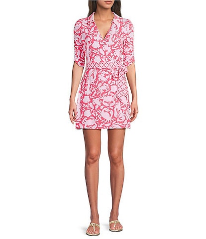 Lilly Pulitzer Ibby Cane Coral Crab Print Surplice V-Neck Elbow Sleeve Skirted Romper