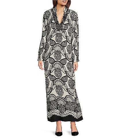 Lilly Pulitzer Irella Texture Rayon Stand Collar Long Length Sleeve Side Slit Hem Maxi Caftan Dress