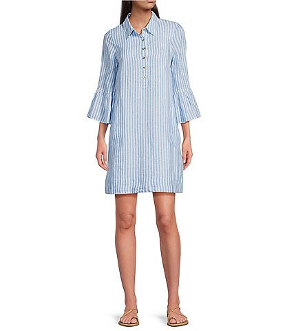 Lilly Pulitzer Jazmyn Linen Stripe Print Point Collar 3/4 Ruffle Seam Shirt Dress