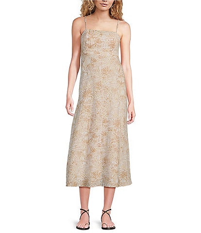 Lilly Pulitzer Jorgian Woven Linen Printed Square Neck Sleeveless Midi A-Line Dress
