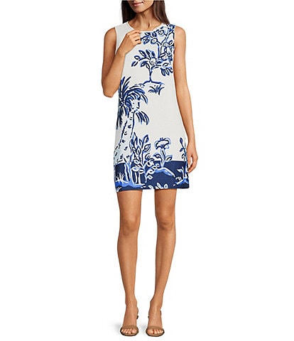 Lilly Pulitzer Julienne Printed Satin Back Crepe Crew Neck Sleeveless Bow Shift Dress