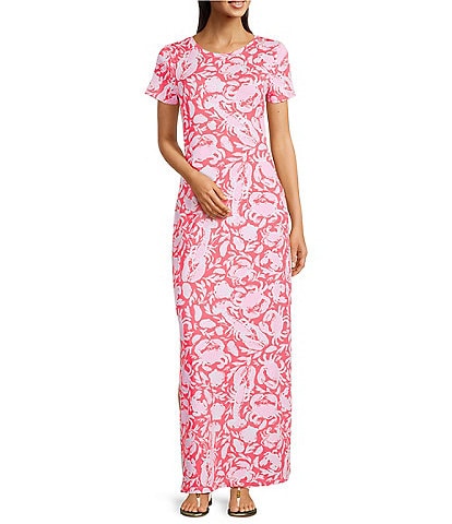 Lilly Pulitzer Kaden UPF 50+ Chillylilly Coral Crab Print Crew Neck Short Sleeve Maxi Dress