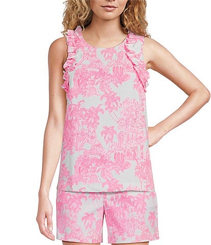 Lilly Pulitzer Kailee Woven Anniversary Toile Crew Neck Sleeveless Ruffle Coordinating Blouse