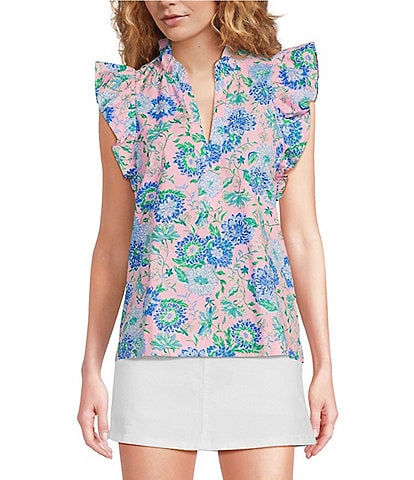 Lilly Pulitzer Klaudie Woven Floral Print V-Neck Cap Sleeve Ruffle Trim Top