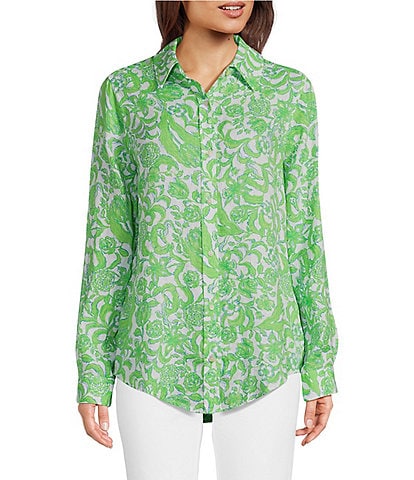 Lilly Pulitzer Lynd Lil Daffodil Hill Print Point Collar Long Sleeve Button Front Tunic