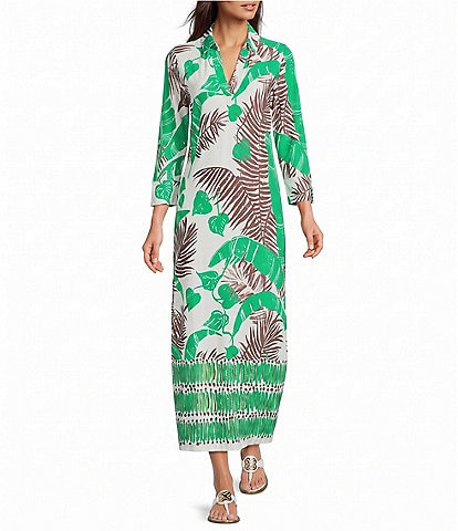 Lilly Pulitzer Mandi Leaf Engineered Print Collar Split V-Neck 3/4 Sleeve Oversized Midi Dress