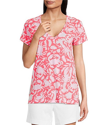 Lilly Pulitzer Meredith Cane Coral Crab Print V-Neck Short Sleeve Tee