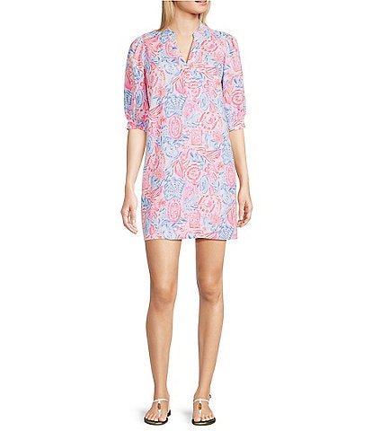 Lilly Pulitzer Mialeigh Lil Sun Sea Sand Print V-Neck Elbow Puff Sleeve Dress