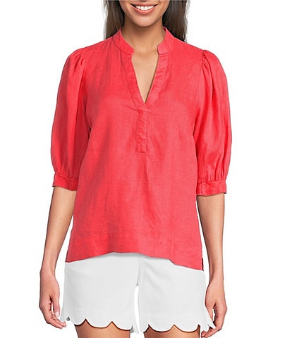 Lilly Pulitzer Mialeigh Linen Notch Collar Elbow Puff Sleeve Top