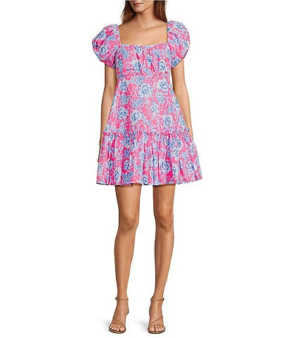Lilly Pulitzer Nastia Cotton Poplin Square Neck Short Puff Sleeve Ruched A-Line Dress