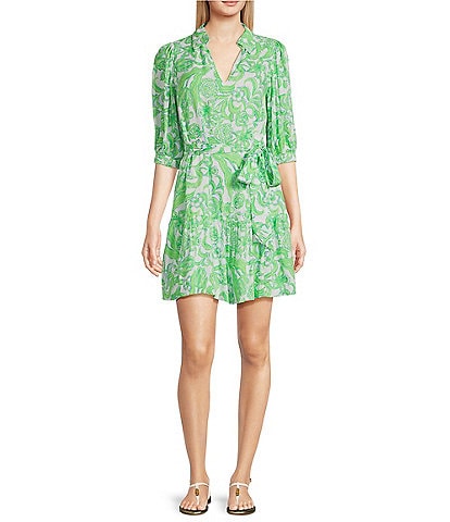 Lilly Pulitzer Renelle Daffodil Hill Print Split V-Neck Elbow Puff Sleeve Tie Waist Dress