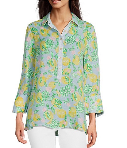 Lilly Pulitzer Riverlyn Seacoast Linen Make Lemonade Fruit Print Point Collar Long Sleeve Tunic