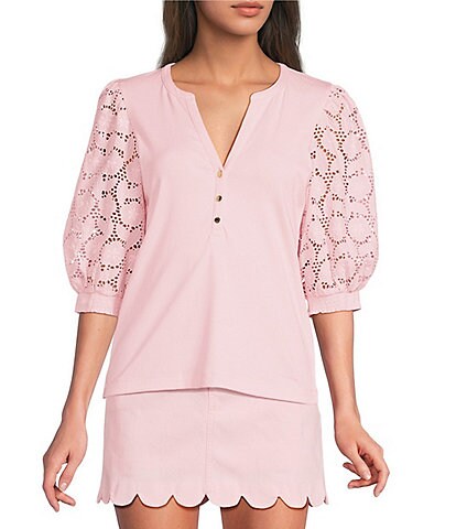 Lilly Pulitzer Ronson Eyelet Knit Notch Neck Elbow Sleeve Top