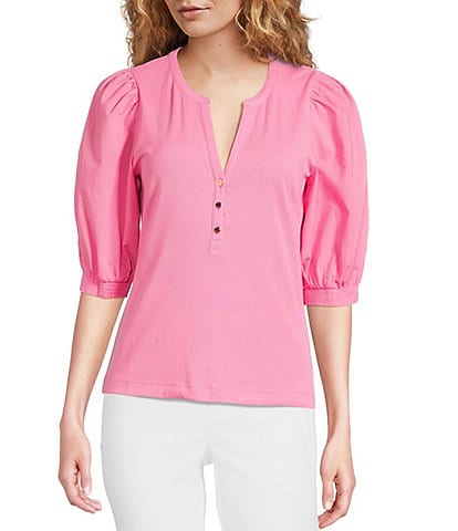 Lilly Pulitzer Ronson Knit Split V-Neck Short Puff Sleeve Top