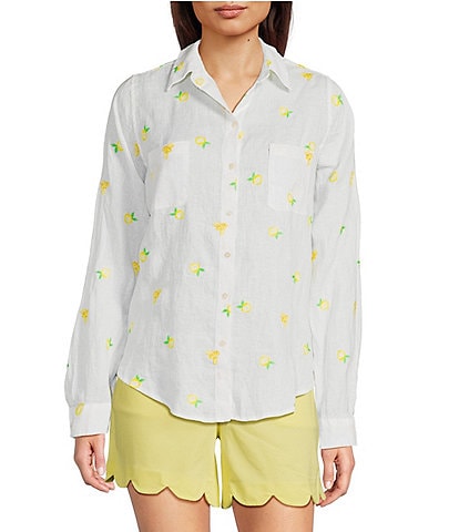 Lilly Pulitzer Sea View Linen Honeycomb Print Point Collar Long Sleeve Button Down Top