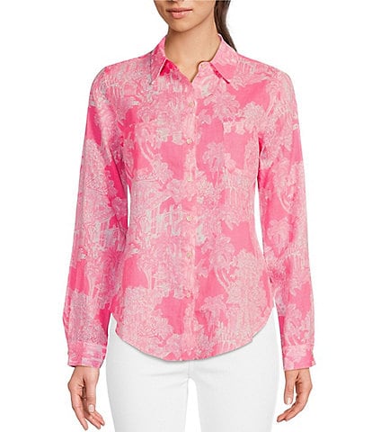 Lilly Pulitzer Sea View Woven Linen Anniversary Toile Print Point Collar Long Sleeve Button Down Blouse