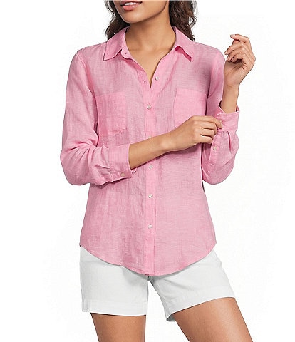 Lilly Pulitzer Sea View Woven Linen Point Collar Long Sleeve Button Down Shirt