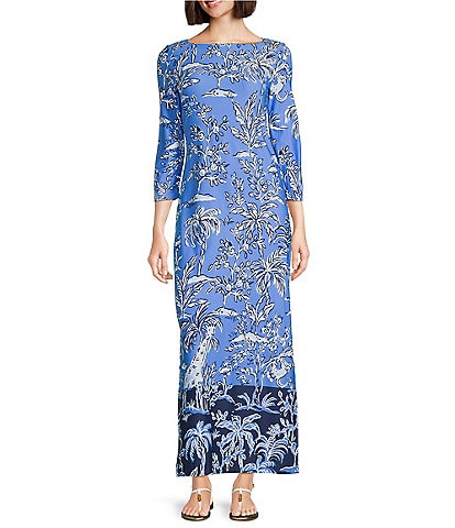 Lilly Pulitzer Seralina Printed Chillylilly UPF 50+ Boat Neck 3/4 Sleeve Maxi Dress