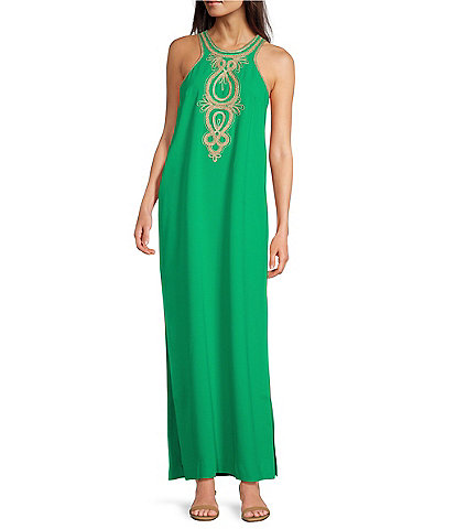 Lilly Pulitzer Taylane Satin Back Crepe Scoop Neck Sleeveless Embroidered Maxi Shift Dress