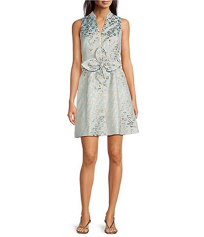 Lilly Pulitzer Tazie Ditsy Daisy Metallic Brocade Collar Neck Sleeveless Fit-And-Flare Dress