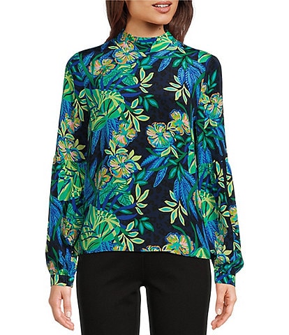 Lilly Pulitzer Witaker Printed Silk Mock Neck Long Sleeve Tie-Back Top