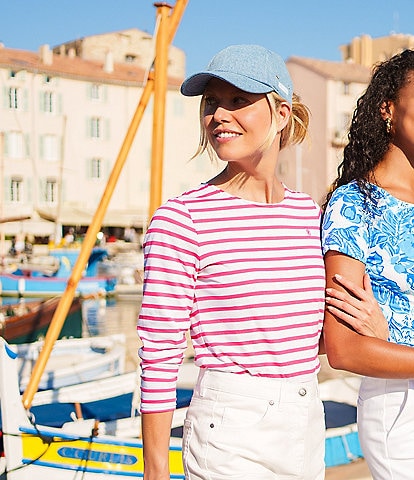Lilly Pulitzer x Saint James Minquidame Contrast Stripe Round Neck Long Sleeve Cotton Tee
