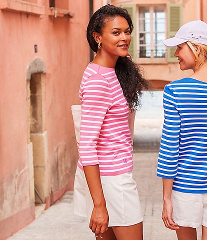 Lilly Pulitzer x Saint James Voissey Contrast Stripe Round Neck 3/4 Sleeve Fine Gauge Knit Sweater