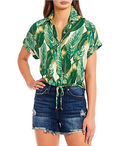 Lily Star Leaf Print Woven Button Front Camp Shirt