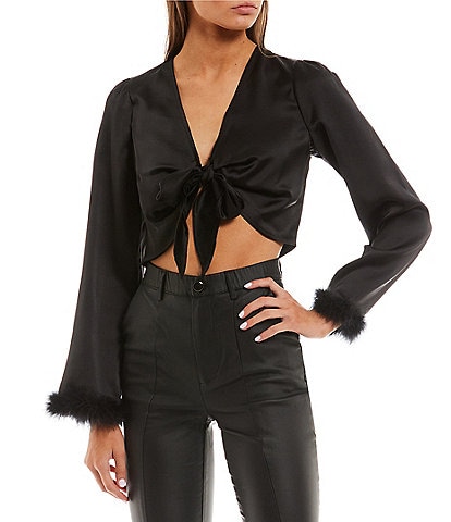 Lily Star Long Feather Trim Sleeve Tie Front Satin Cropped Blouse