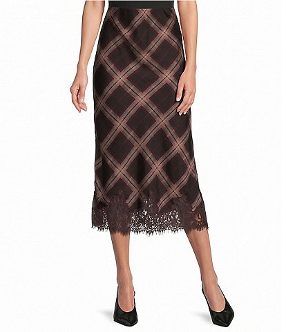 Line and Dot Christopher Plaid Straight Lace Trim Midi Skirt