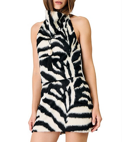 Line and Dot Elda Zebra Printed Faux Fur Halter Neck Sleeveless Coordinating Top