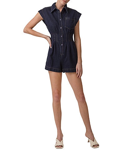 Line and Dot Flavia Collared Neck Sleeveless Button Front Denim Romper