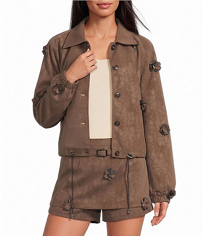 Line and Dot Hazel Faux Suede 3D Floral Applique Collared Long Sleeve Coordinating Jacket