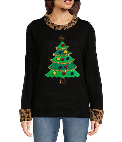 Lisa International Animal Faux Fur Trim Christmas Tree Crew Neck Sweater